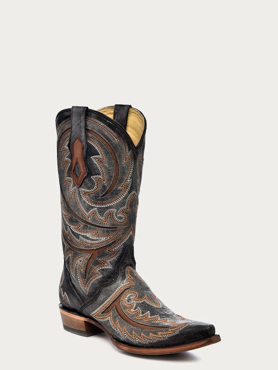 C4076-MEN'S BROWN INLAY EMBROIDERY TRIAD SNIP TOE GREY COWBOY BOOT