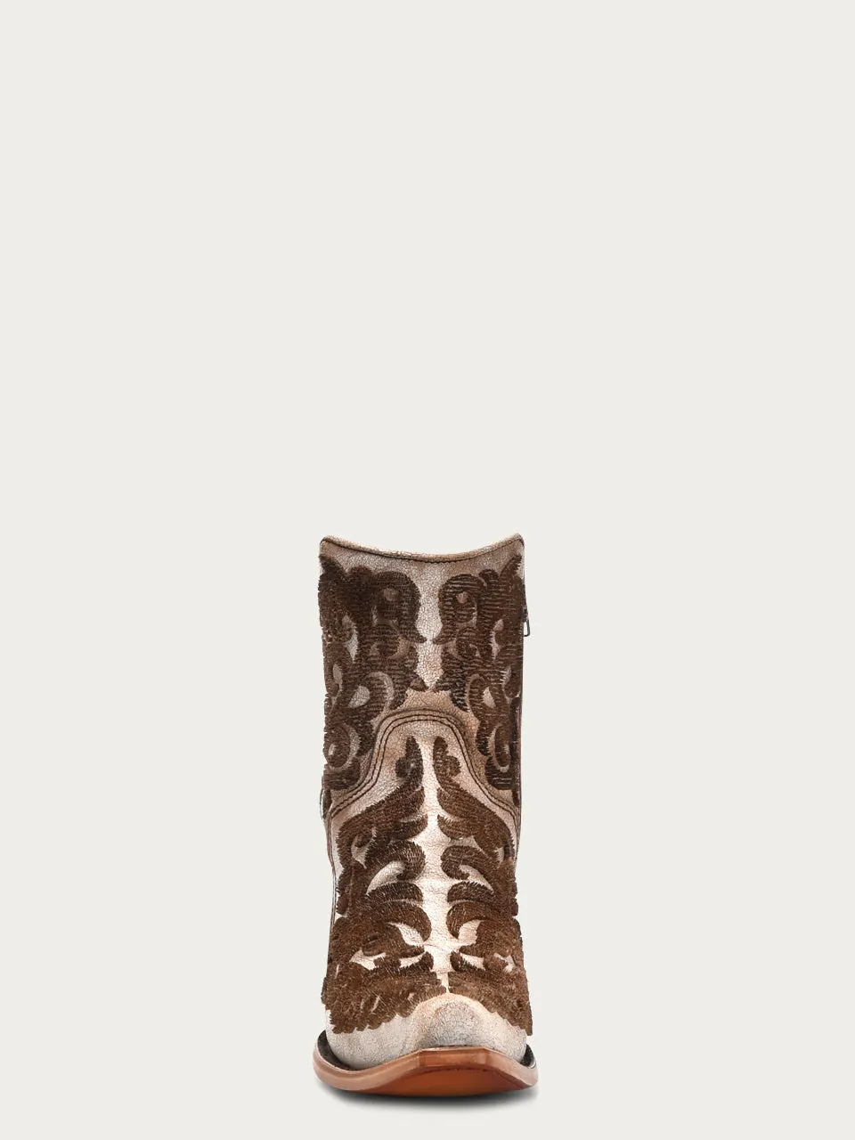 C4108 - WOMEN'S BROWN 3D BRISTLE EMBROIDERY WITH STRAP AND ZIPPER DISTRESSED BEIGE SNIP TOE ANKLE BOOT