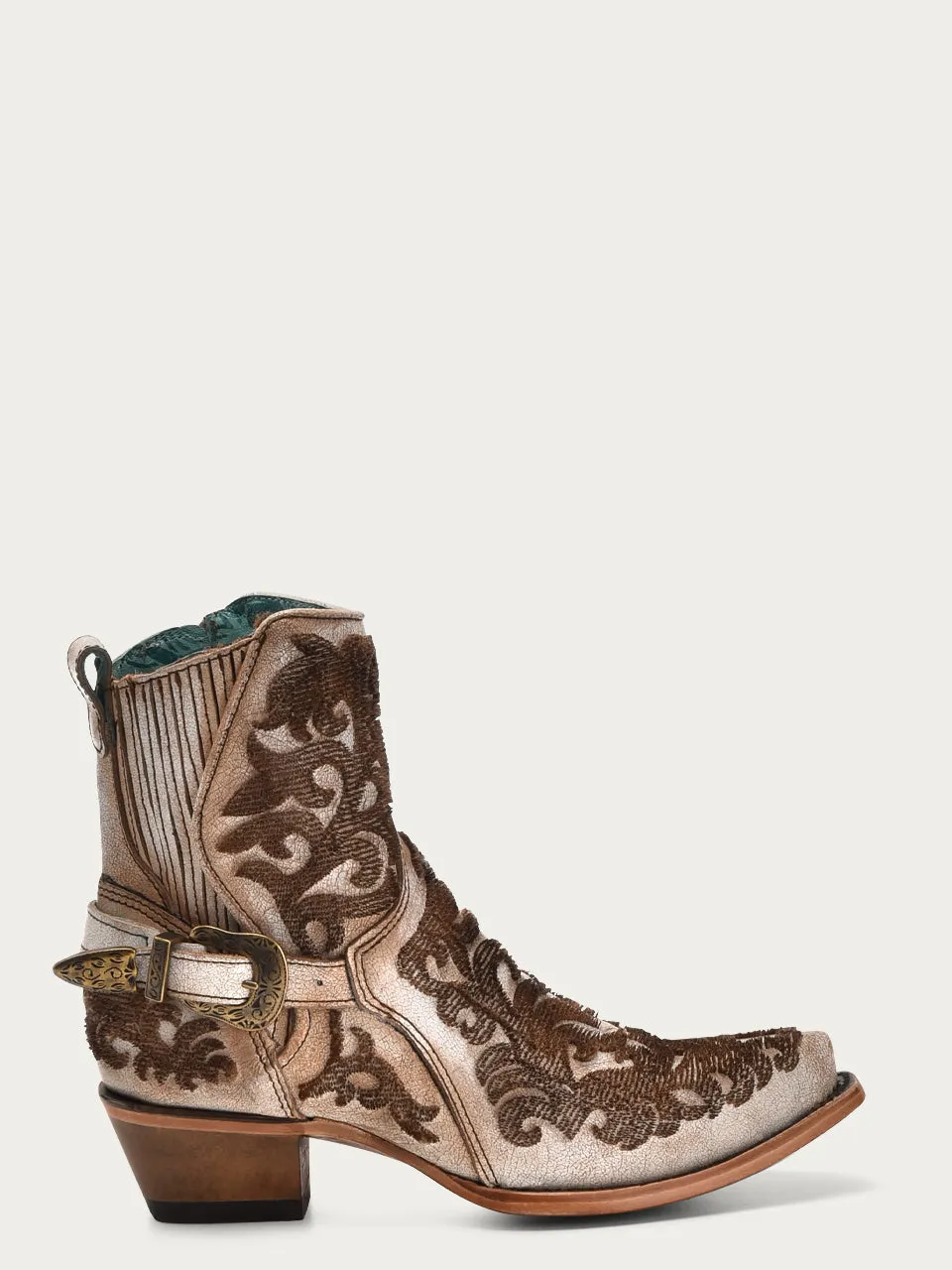 C4108 - WOMEN'S BROWN 3D BRISTLE EMBROIDERY WITH STRAP AND ZIPPER DISTRESSED BEIGE SNIP TOE ANKLE BOOT