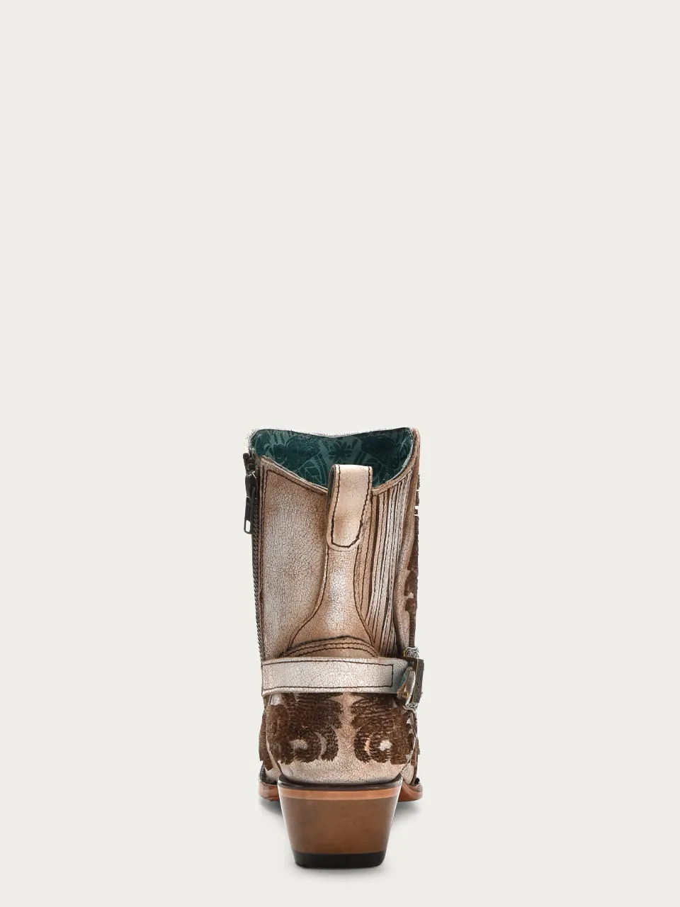 C4108 - WOMEN'S BROWN 3D BRISTLE EMBROIDERY WITH STRAP AND ZIPPER DISTRESSED BEIGE SNIP TOE ANKLE BOOT