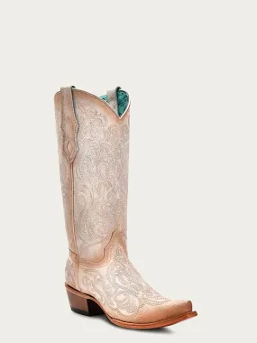 C4143 - WOMEN'S PINK LUMINESCENT EMBROIDERY CRACKLED STRAW SNIP TOE COWBOY BOOT