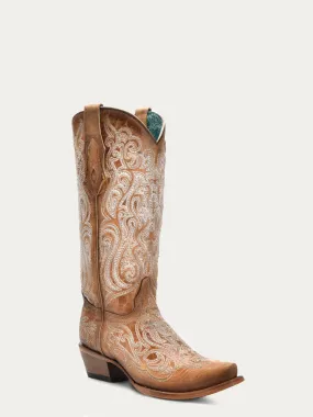 C4144 - WOMEN'S BLUE LUMINESCENT EMBROIDERY CRACKLED STRAW SNIP TOE COWBOY BOOT