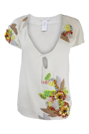 CHLOE Cream Silk Embellished Short Sleeved Top (40)