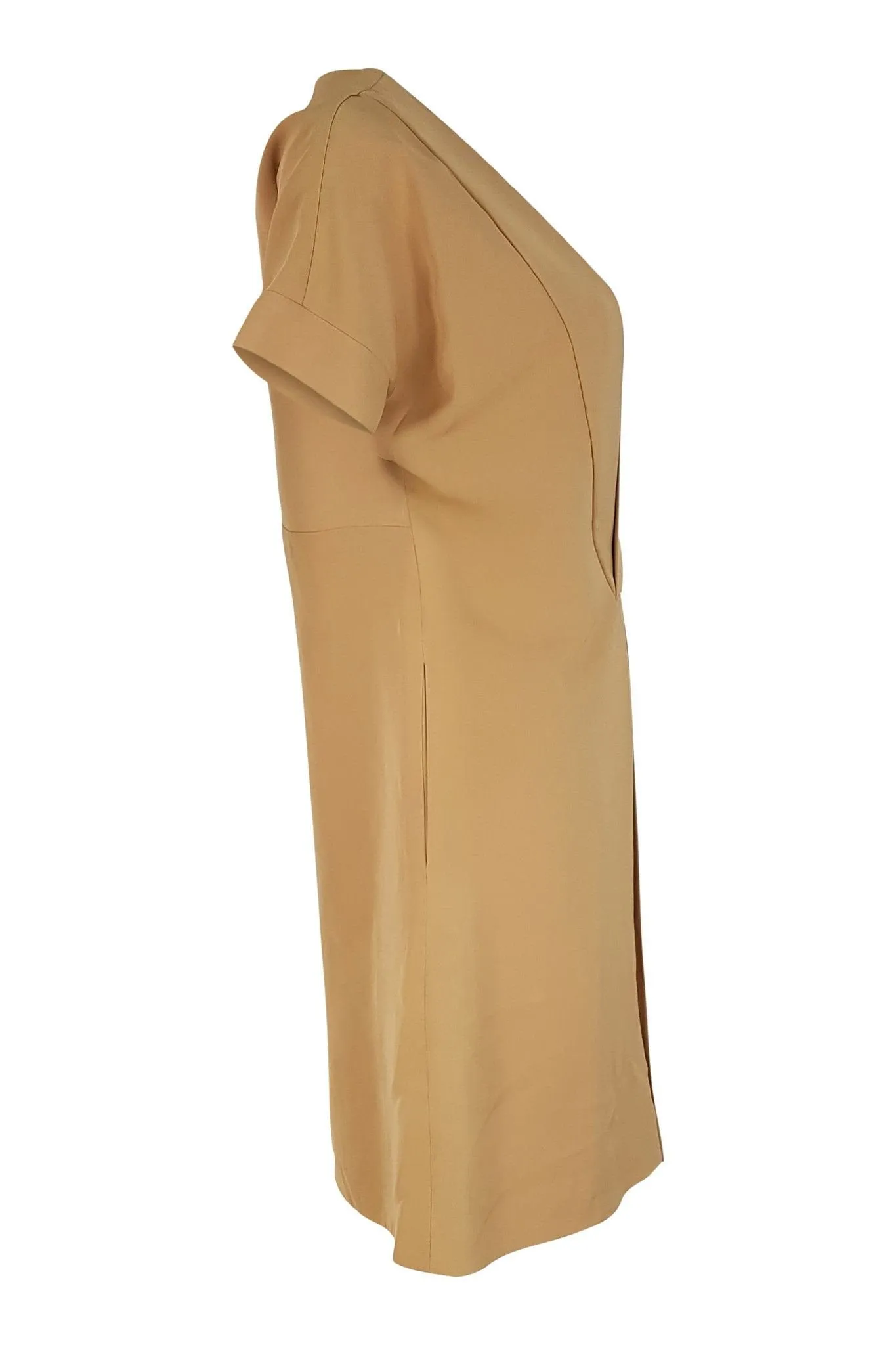 CHLOE Silk Tan Brown V Neck Short Sleeve Shift Dress (10)