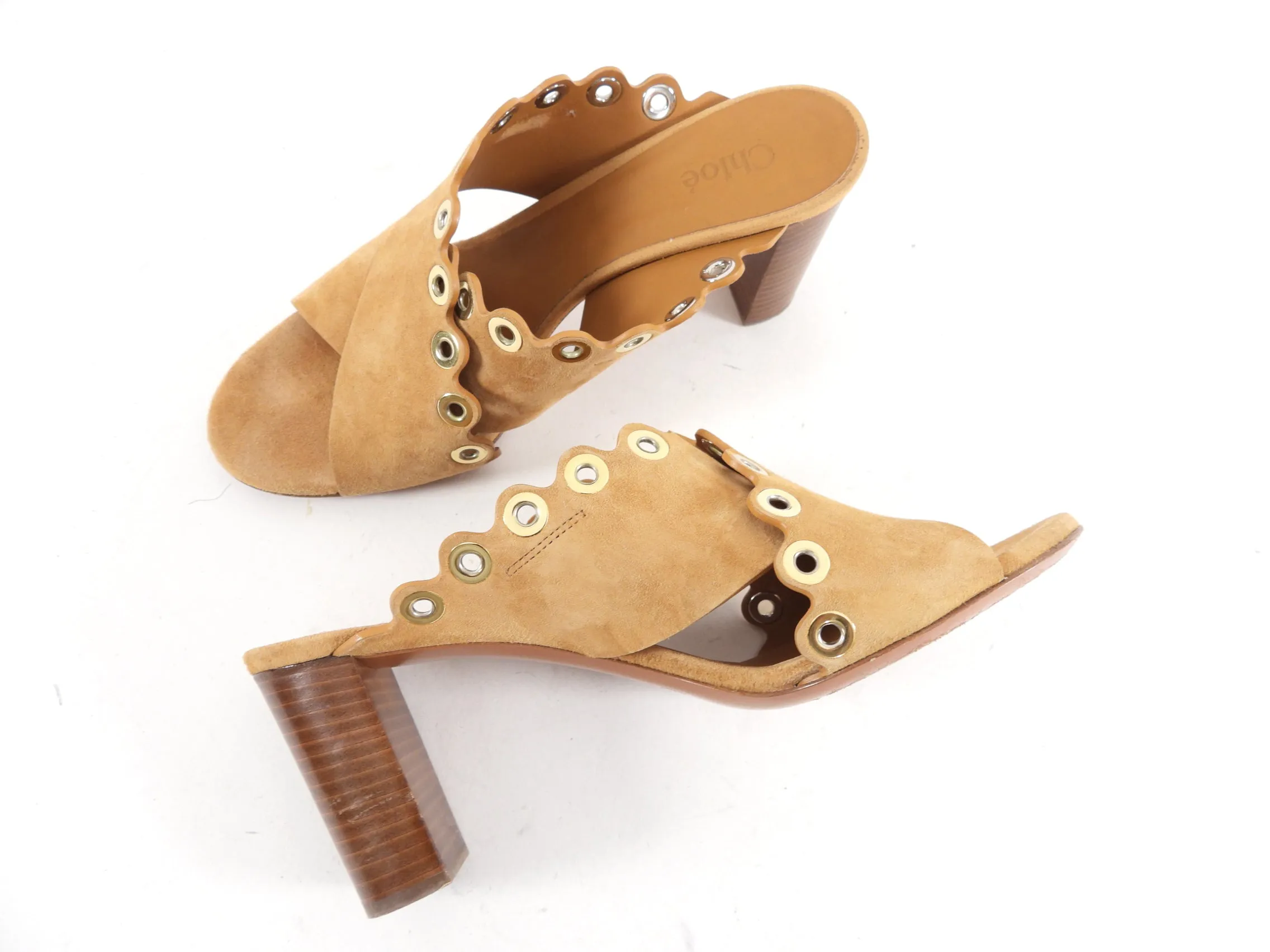 Chloe Tan Suede Criss Cross Grommet Sandals - 39 / 8.5