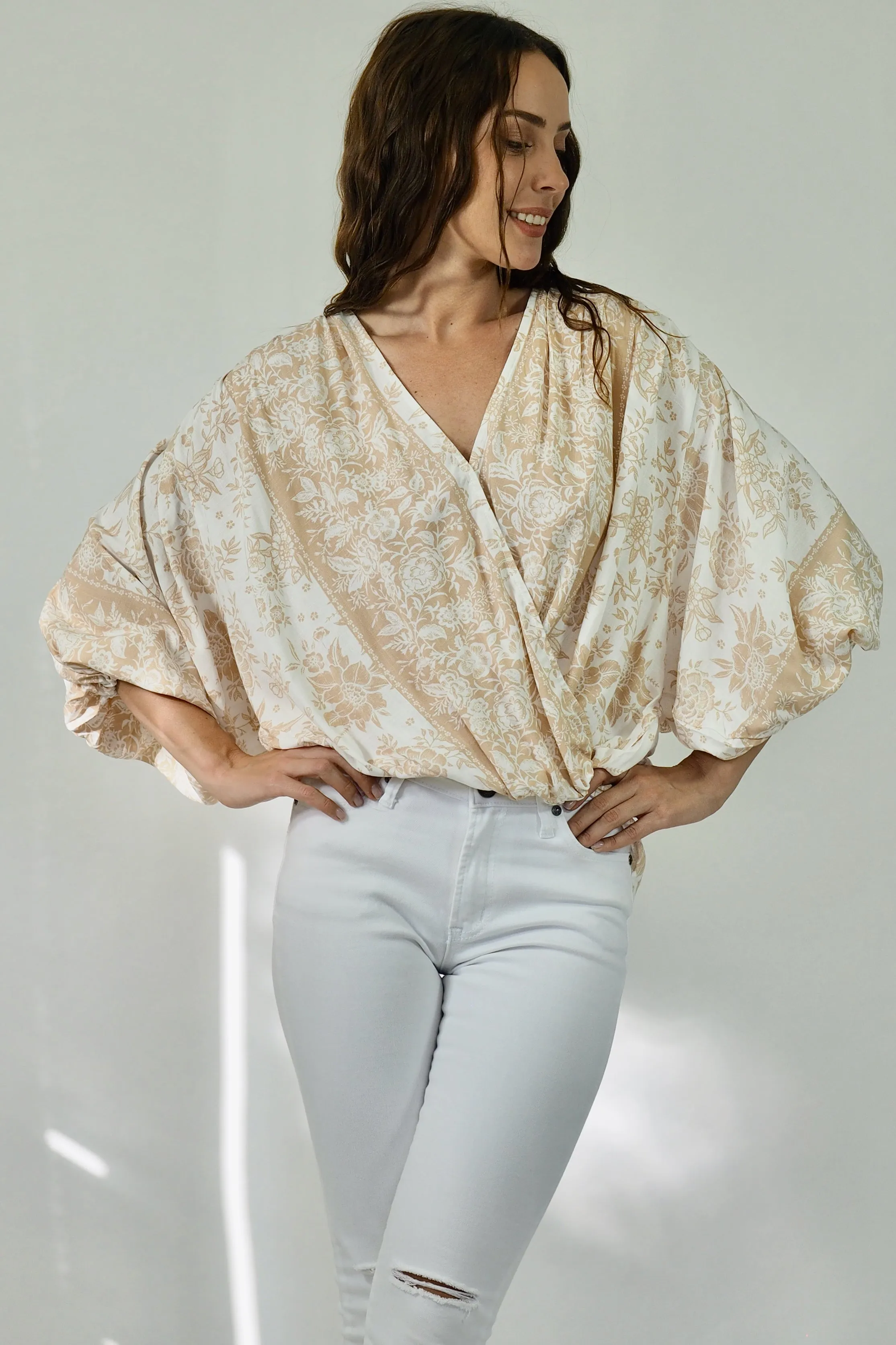 Dee High-Low Top in Elegant White and Beige – Stylish Womens Fashion Blouse