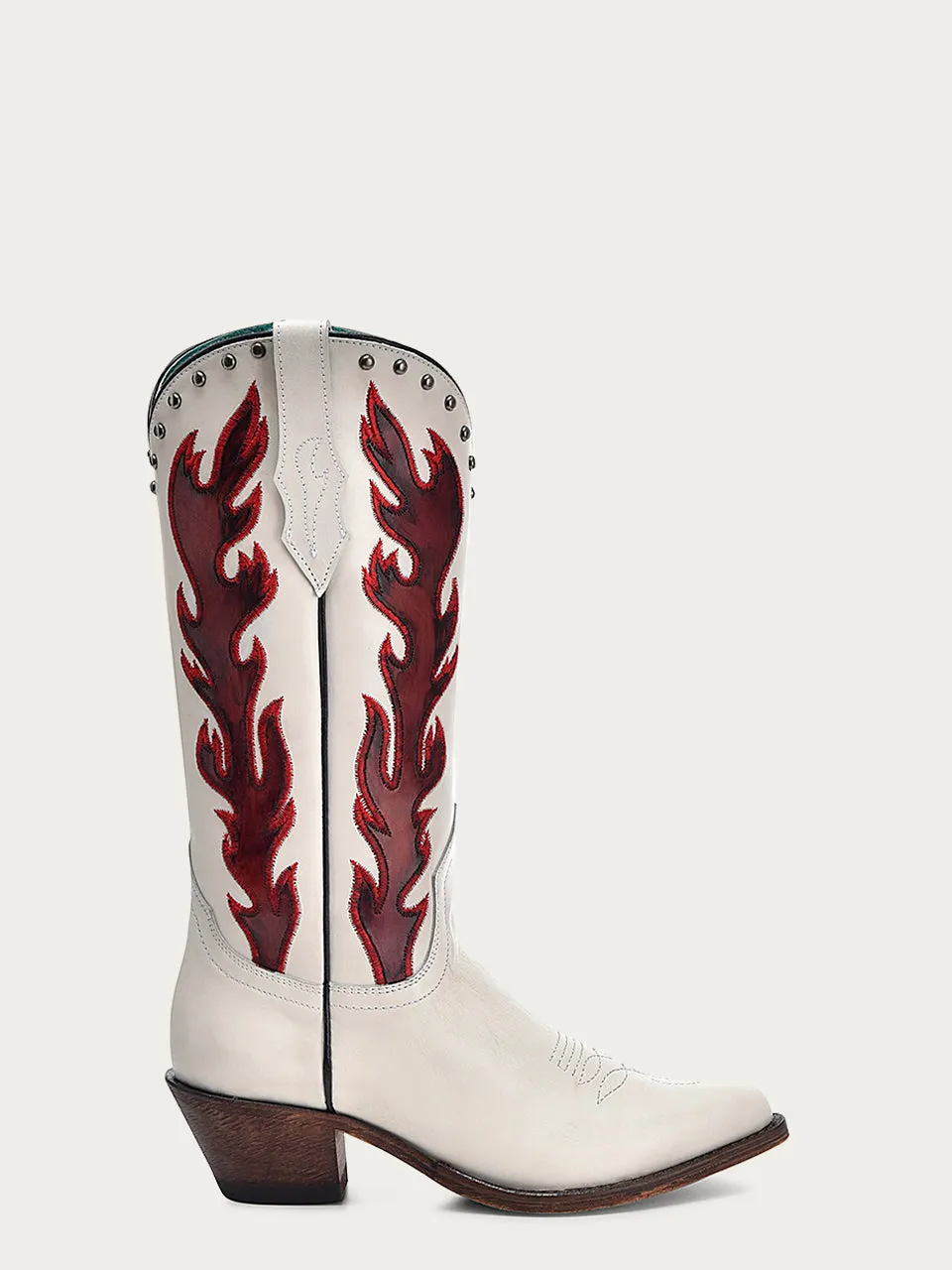 F1380 - WOMEN'S RED EMBROIDERY AND STUDS OVERLAY WHITE POINTED TOE COWBOY BOOT