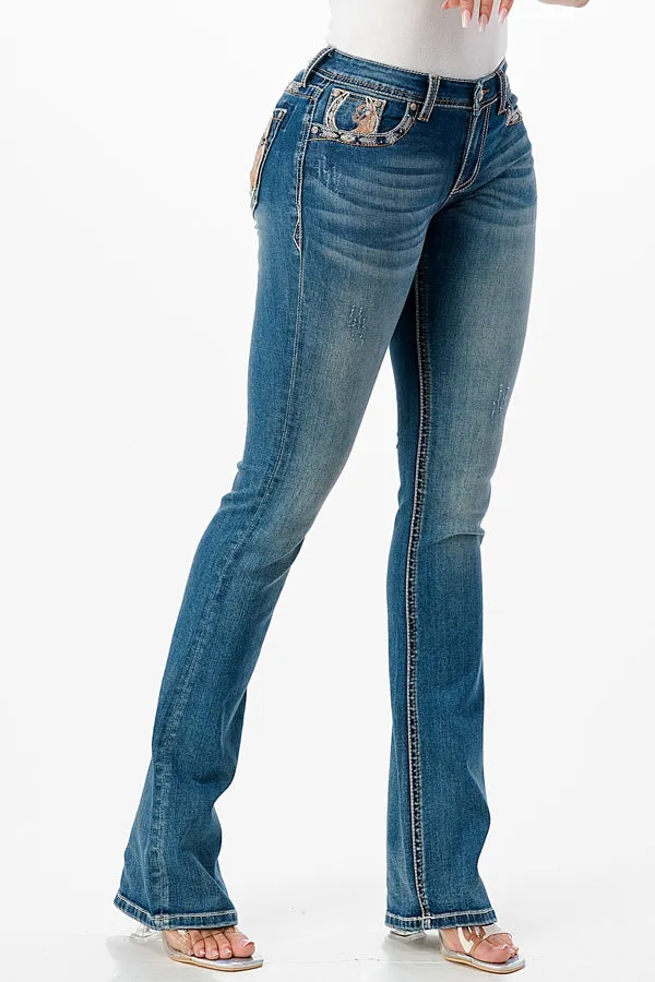 Horse Shoe with Boot Hats Embroidery Mid Rise Bootcut Jeans