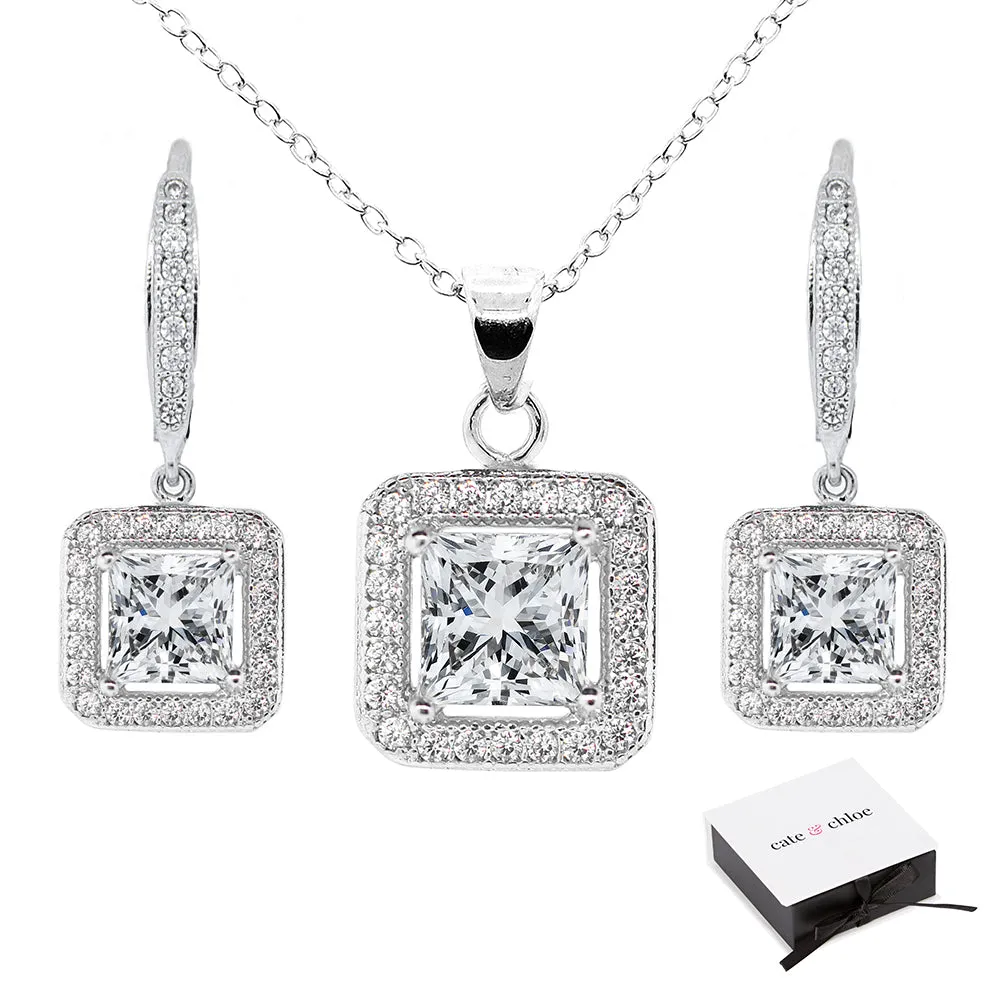 Ivy Faithful 18k White Gold Plated CZ Pendant Necklace and Earrings Jewelry Set