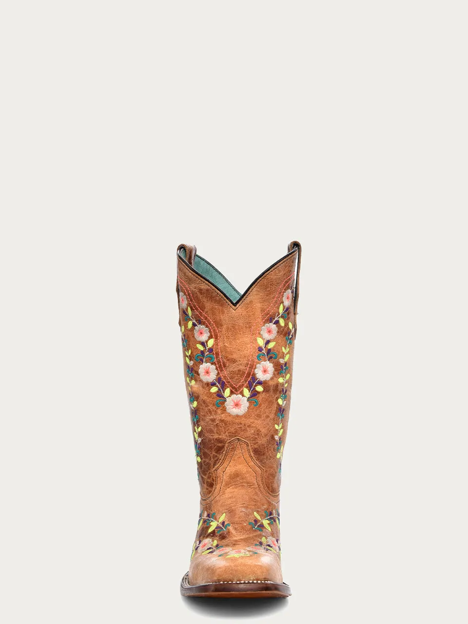 T0161 - TEEN'S GLOW IN THE DARK FLORAL EMBROIDERY HONEY SQUARE TOE COWBOY BOOT