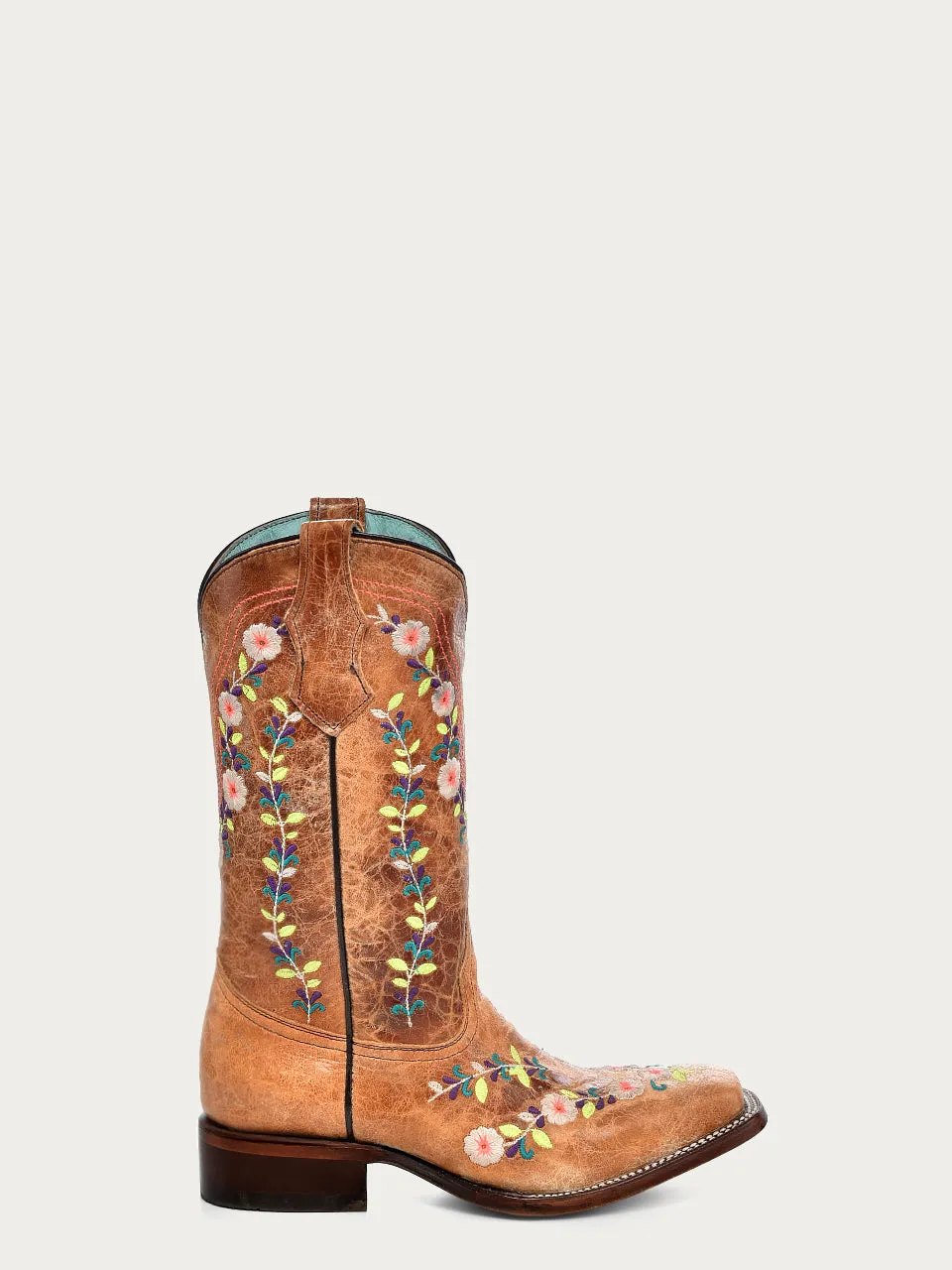 T0161 - TEEN'S GLOW IN THE DARK FLORAL EMBROIDERY HONEY SQUARE TOE COWBOY BOOT