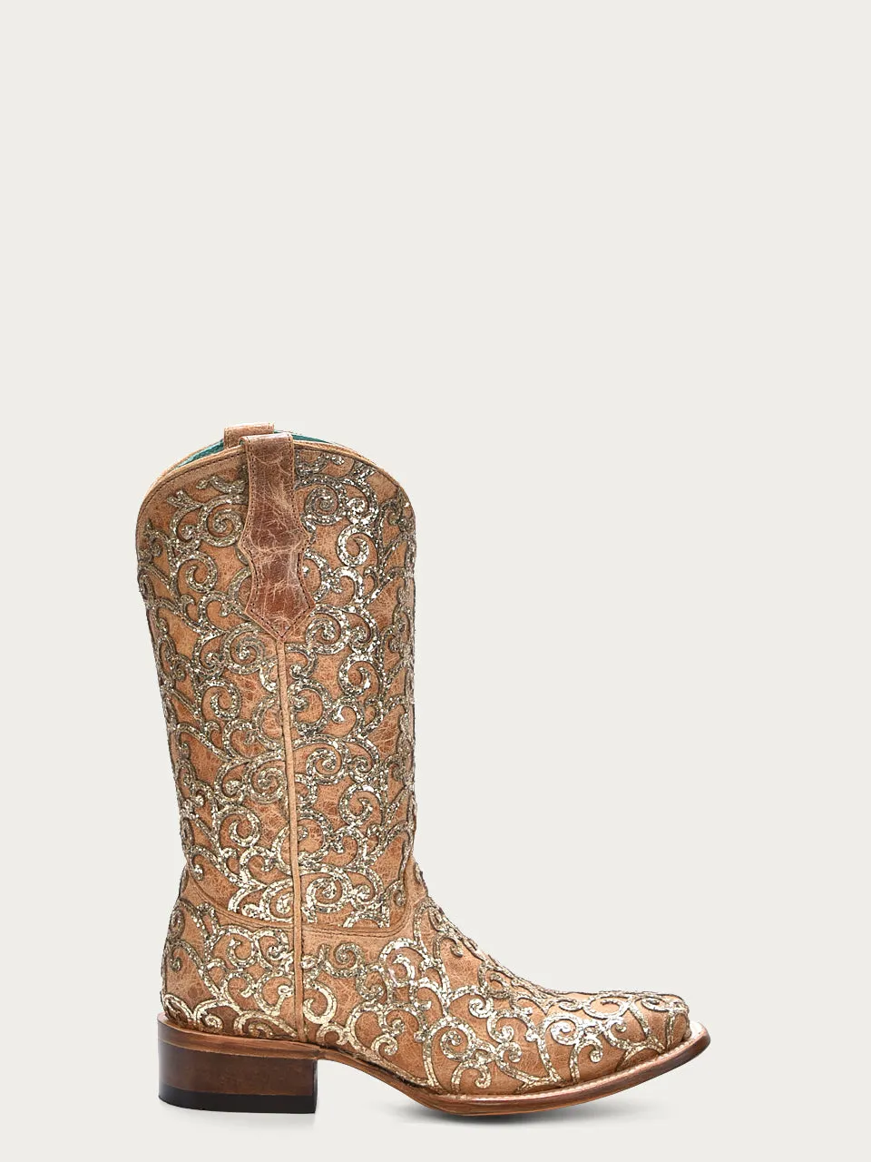 T0179 - TEENS GLITTER INLAY AND EMBROIDERY SQUARE TOE STRAW COLOR COWGIRL BOOT