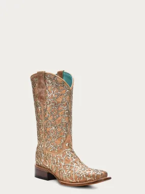 T0179 - TEENS GLITTER INLAY AND EMBROIDERY SQUARE TOE STRAW COLOR COWGIRL BOOT