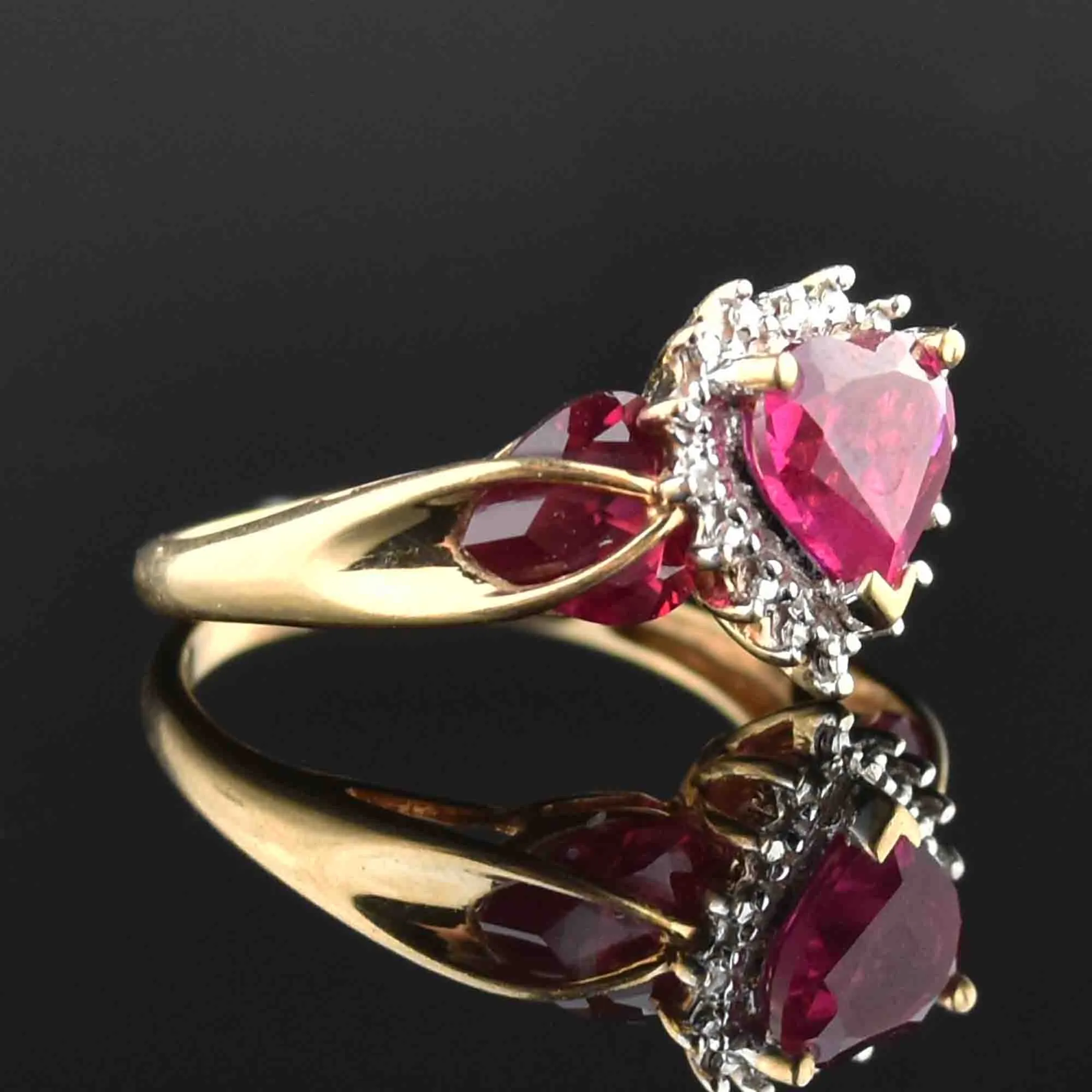 Vintage 10K Ruby Heart Diamond Ring, Sz 6.25