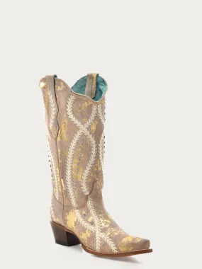 Z5246 - WOMEN'S WHITE EMBROIDERY WITH CRYSTALS AND STUDS TAN WITH GOLD TOUCHES SNIP TOE COWBOY BOOT