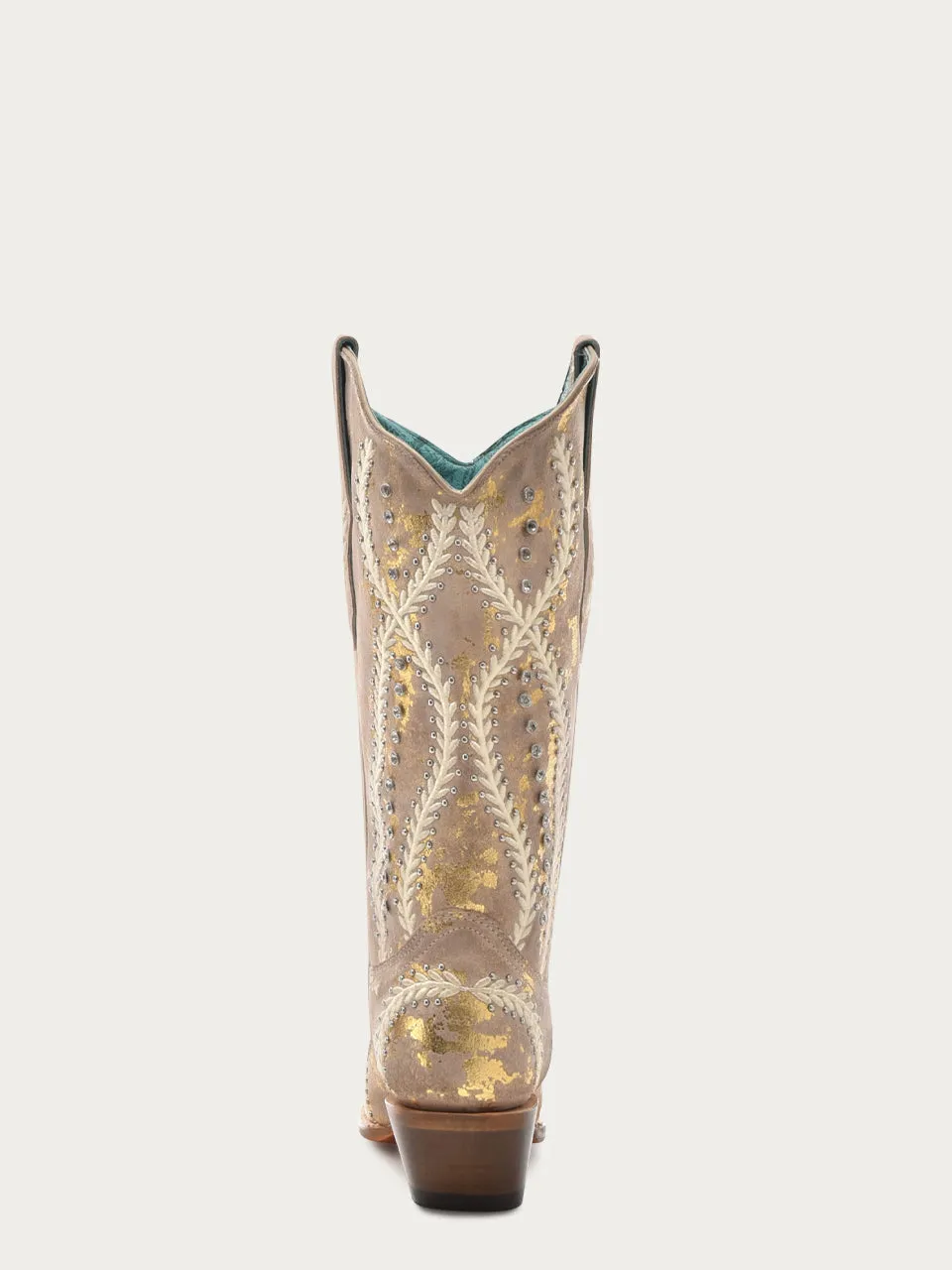 Z5246 - WOMEN'S WHITE EMBROIDERY WITH CRYSTALS AND STUDS TAN WITH GOLD TOUCHES SNIP TOE COWBOY BOOT